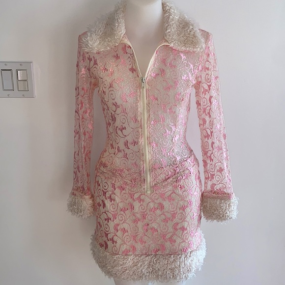 90s Vintage Pink & White Lace With Fur Set - Picture 3 of 12